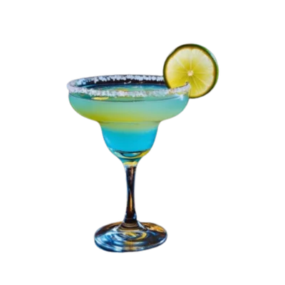 Margarita azul con borde de sal y rueda de lima