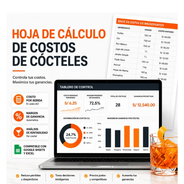 Calculadora, cuaderno de costos y botellas sobre una barra con herramientas de cobre